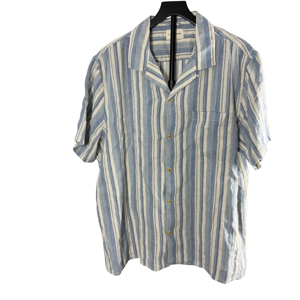 Lucky Brand Mens Blue White Striped Linen Blend Camp Collar Short Sleeve ShirtXL